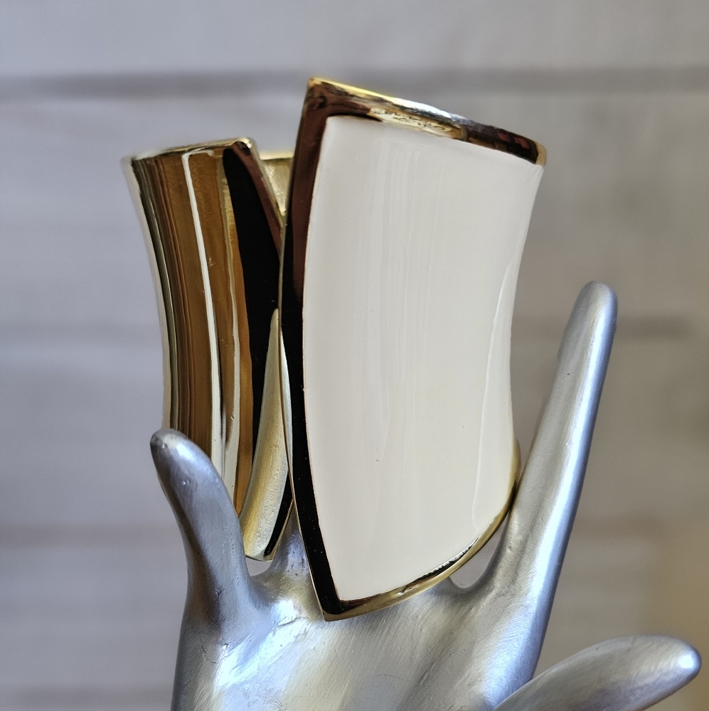 Clamper Bracelet. Goldtone and Cream Enamel. Statement Clamper Bracelet.
